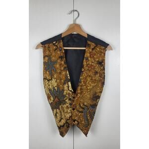 Vintage 80s Kenar Beaded Sequin Back Tie Cotton Button Front Vest | One Size